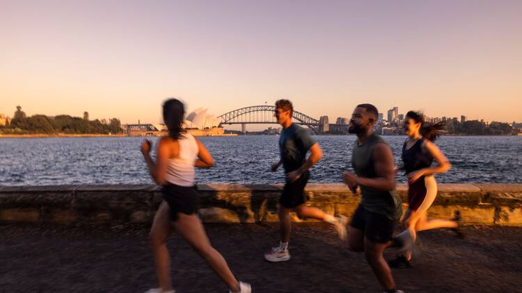 Friends go on a run amidst stunning views in the Royal Botanic Gardens, Mrs Macquarie's Chair. 