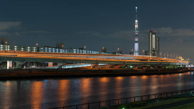 首都高と隅田川とスカイツリーを望む。