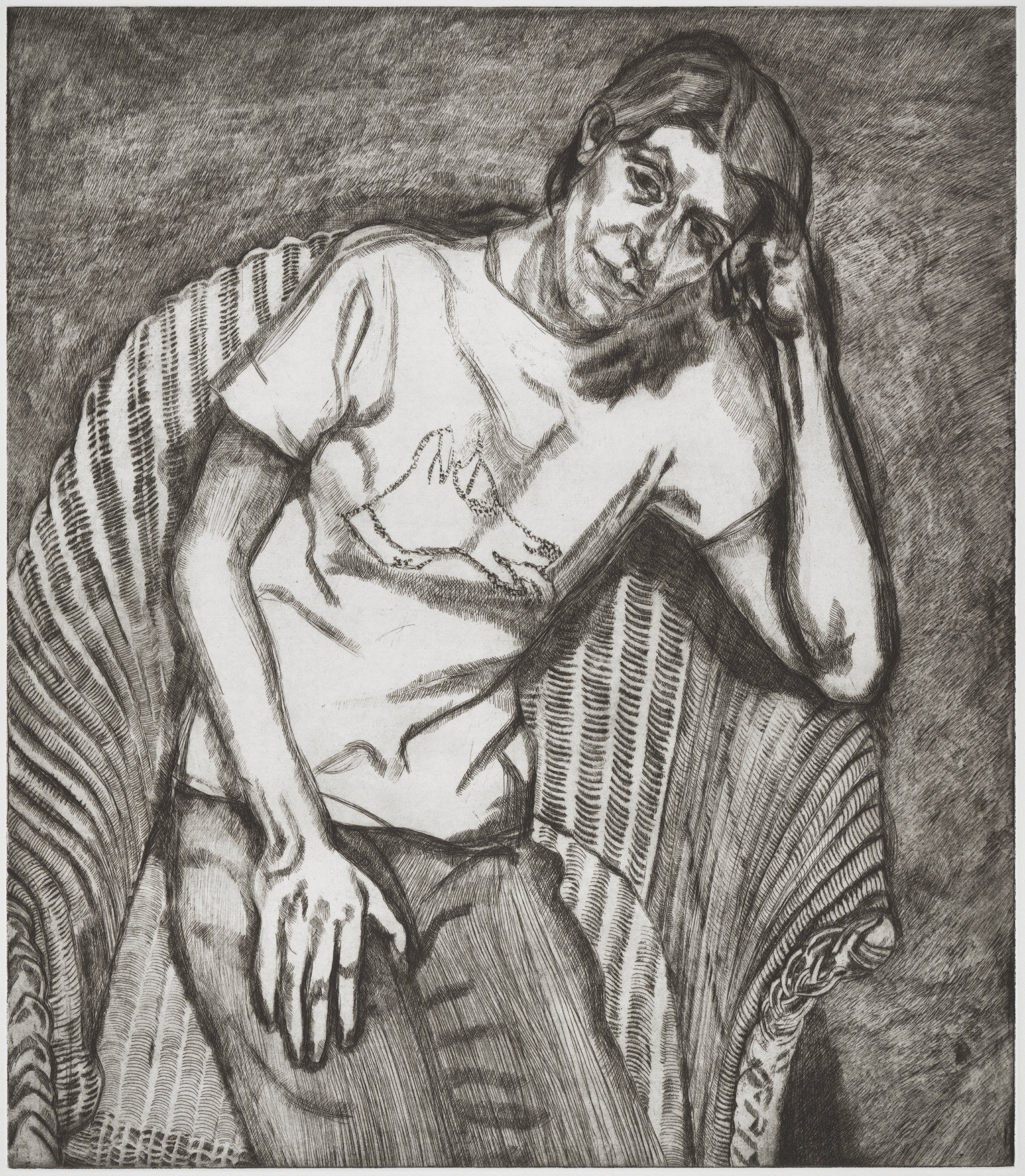A black and white etching of Lucien Freud’s daughter Bella sitting in a striped armchair, wearing a t-shirt with a cartoon dog on the front