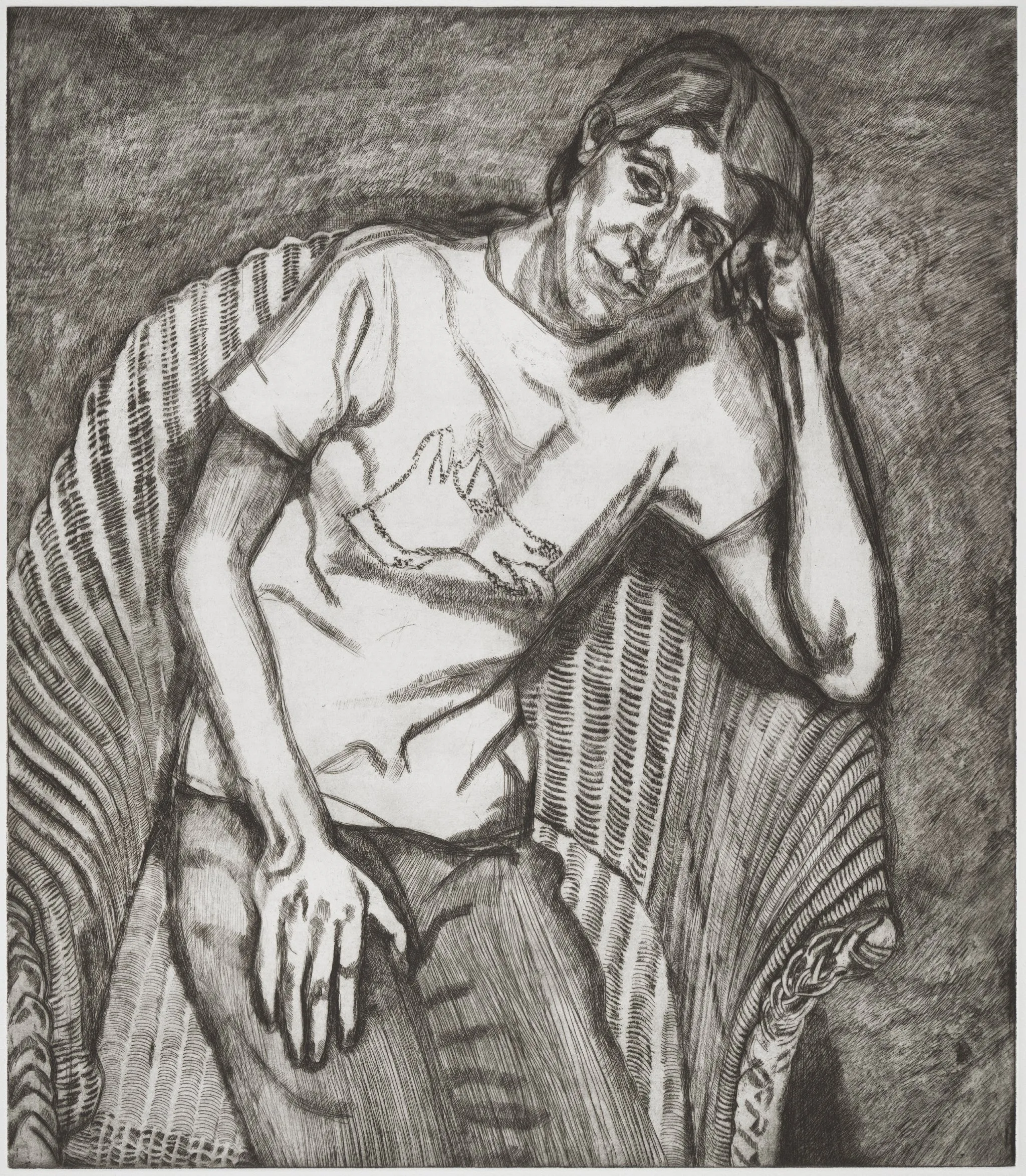 A black and white etching of Lucien Freud’s daughter Bella sitting in a striped armchair, wearing a t-shirt with a cartoon dog on the front