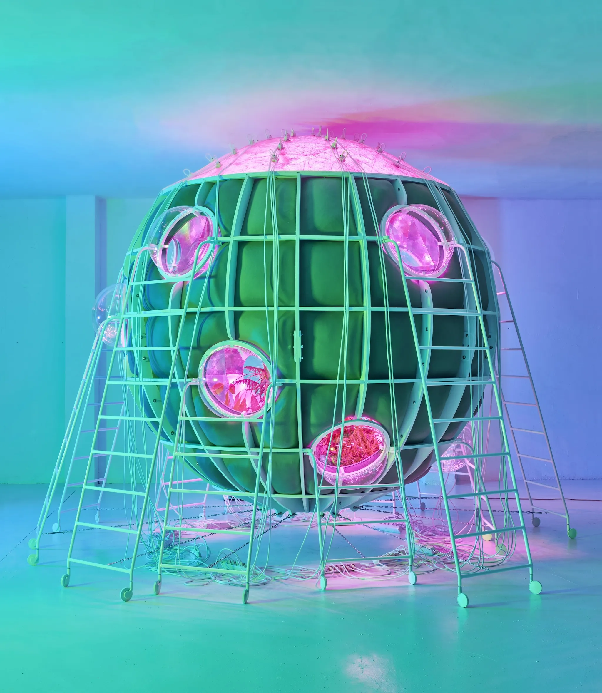 A neon-hued rendering of a nightclub's architecture.