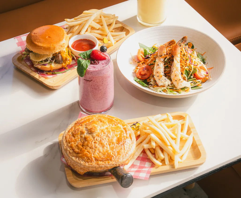 Assorted drinks and lunch dishes at Odette House.