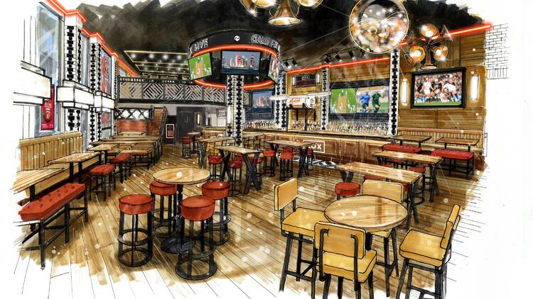 Rendering of new BOX London bar with large screens and tables and chairs 