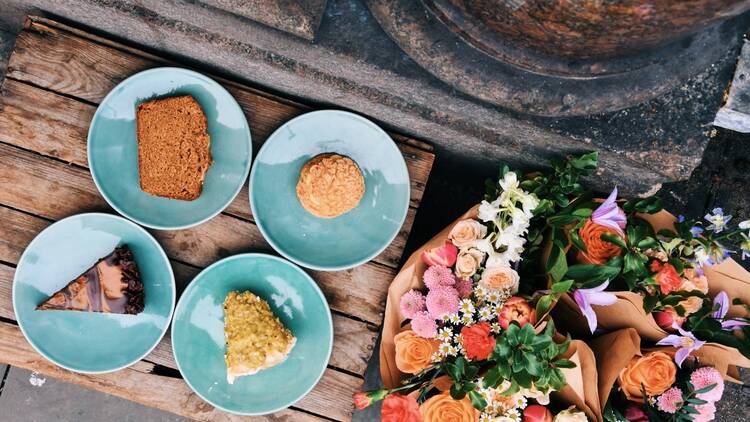 Four plates with a selection of cakes from Gladwell’s Deli