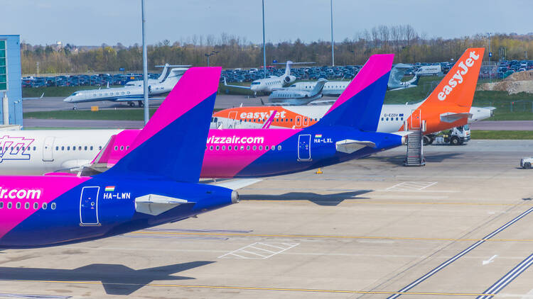 Luton Airport, with Wizz Air and EasyJet planes