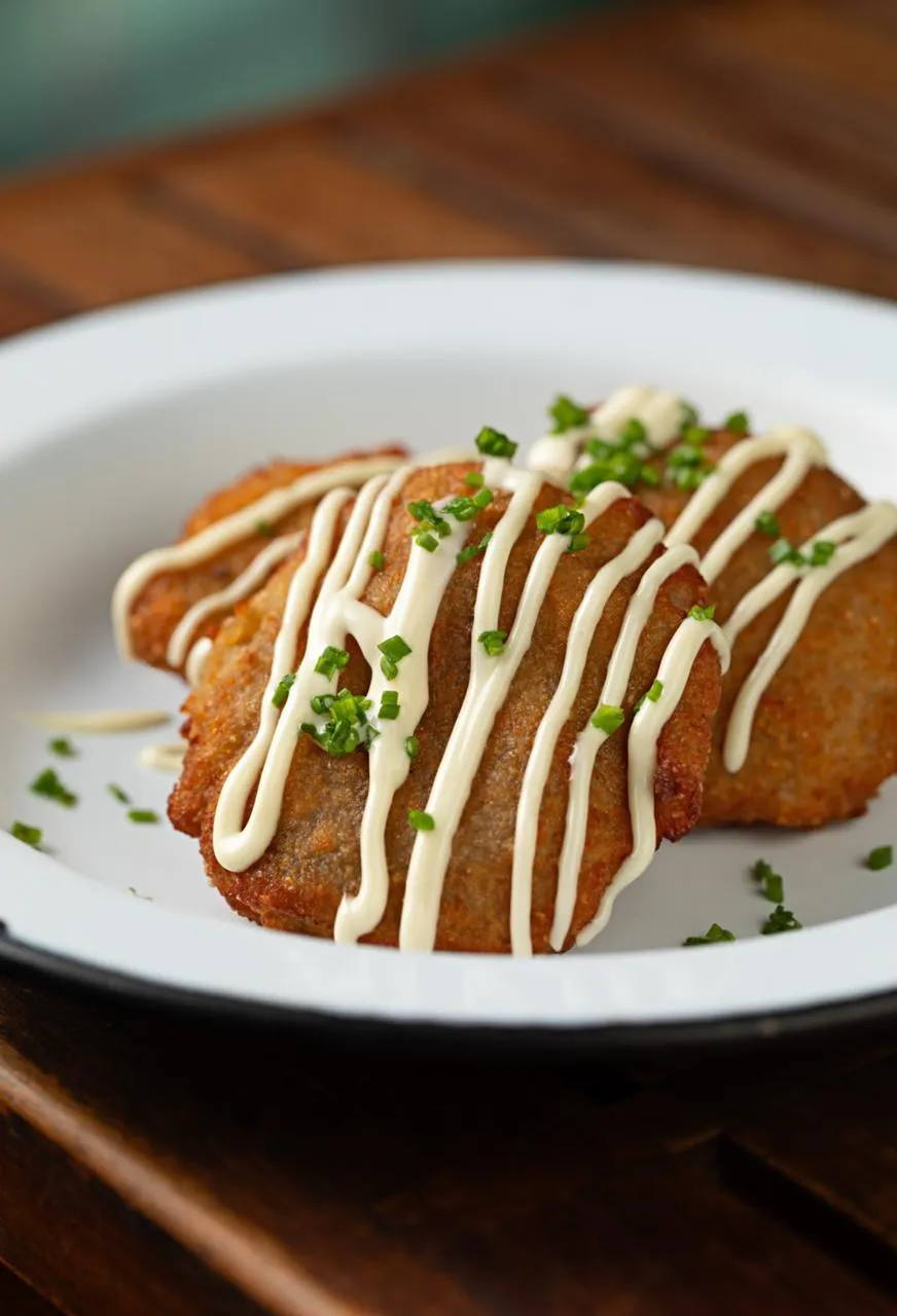 O trio de prexecas: discos empanados de carne suína e bovina com jiló e aioli de limão cravo