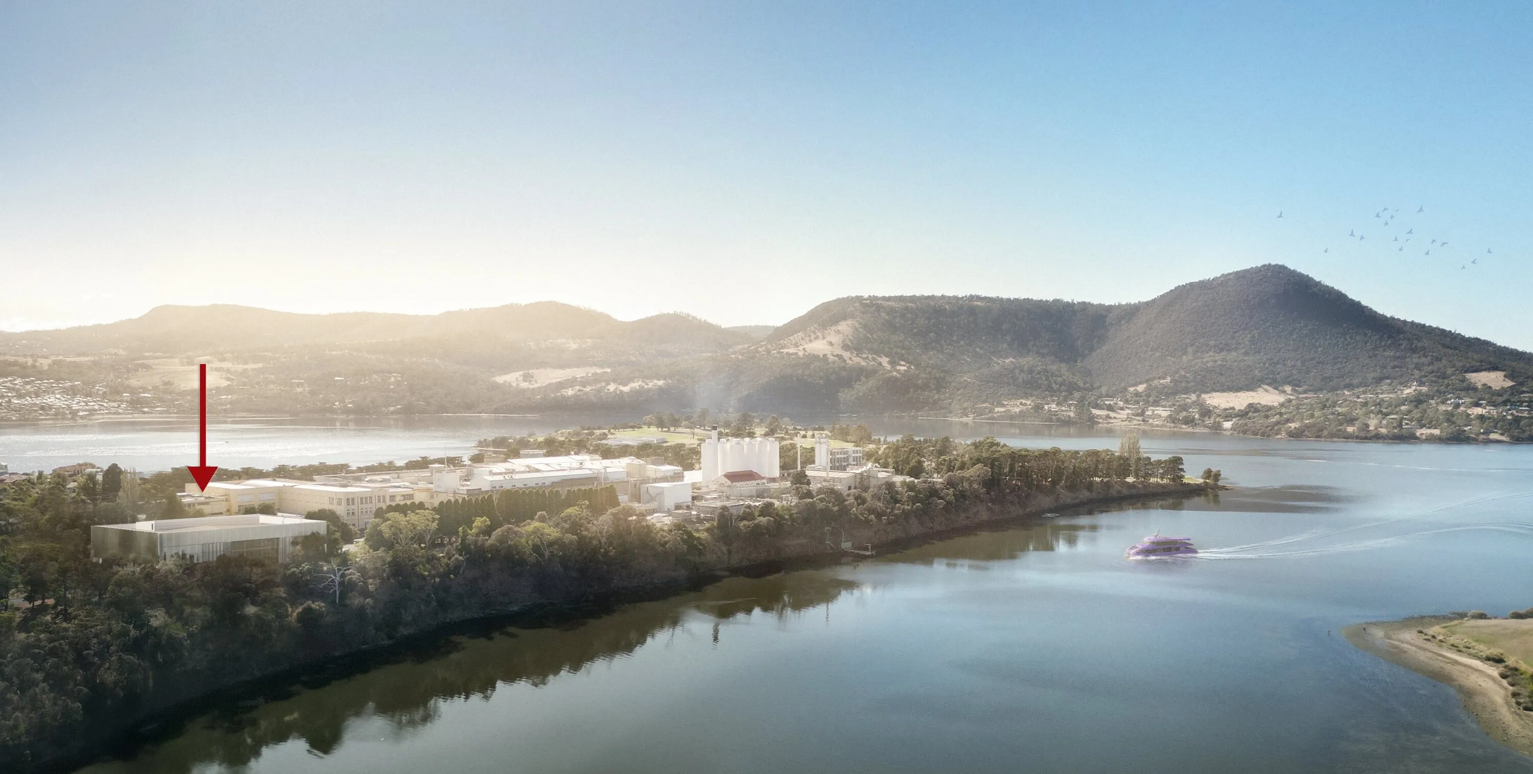 Render of riverfront factory