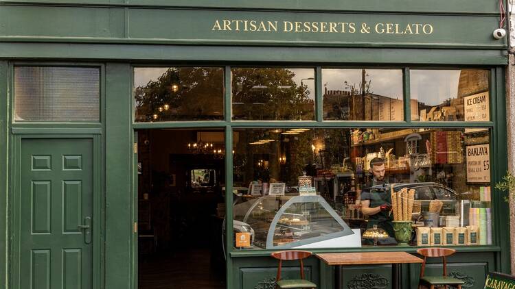 The green and gold shopfront of Caravaggio Gelato in Camberwell