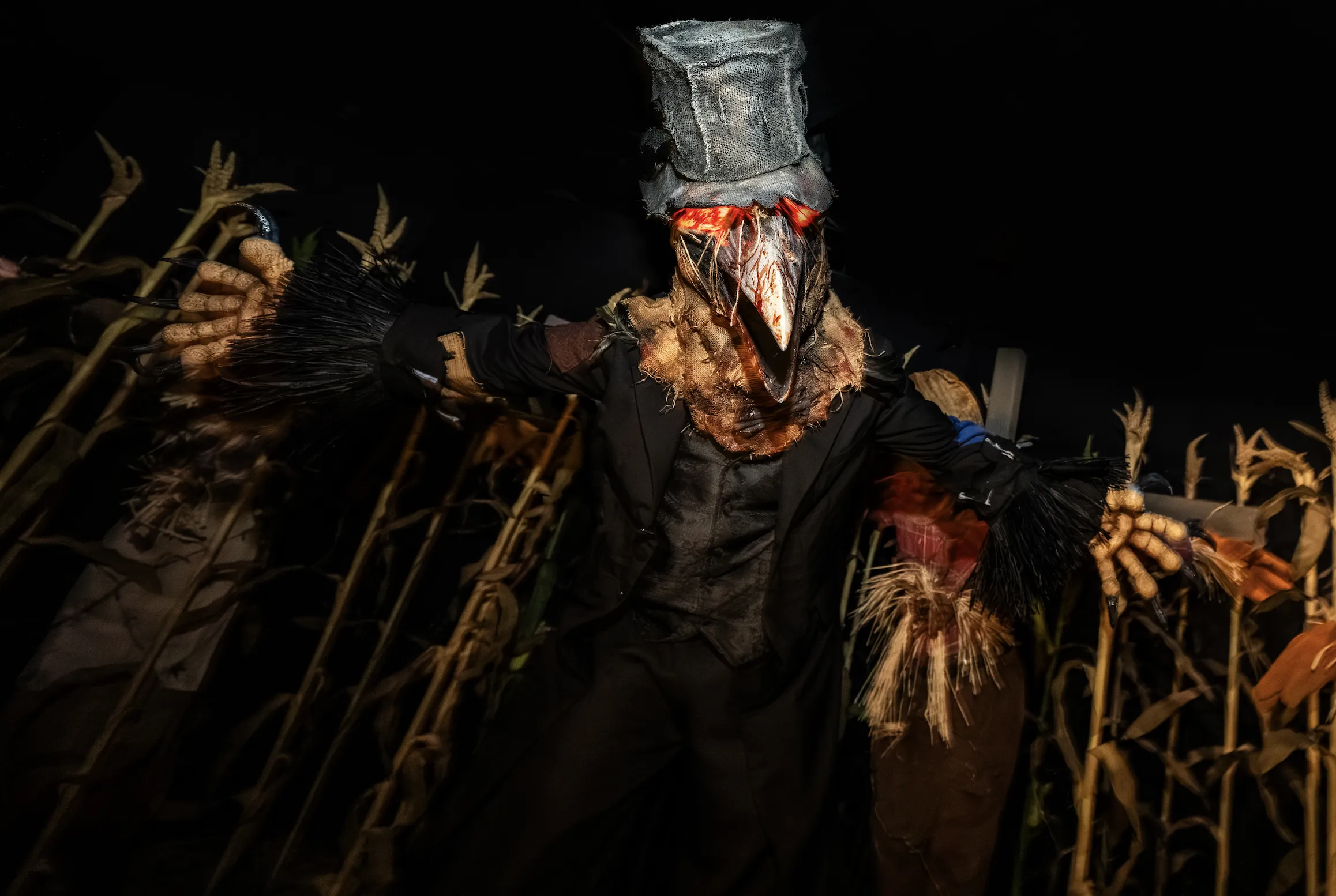 A human-size crow wearing a top hat.