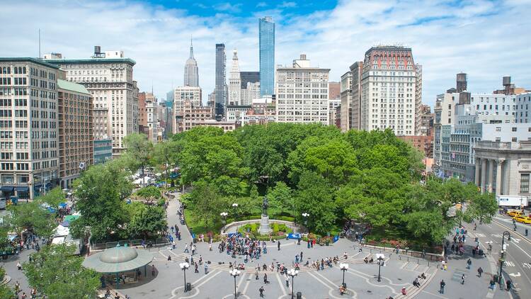 Union Square is seen here with midtown Manhattan in the distance on a gorgeous Spring day.