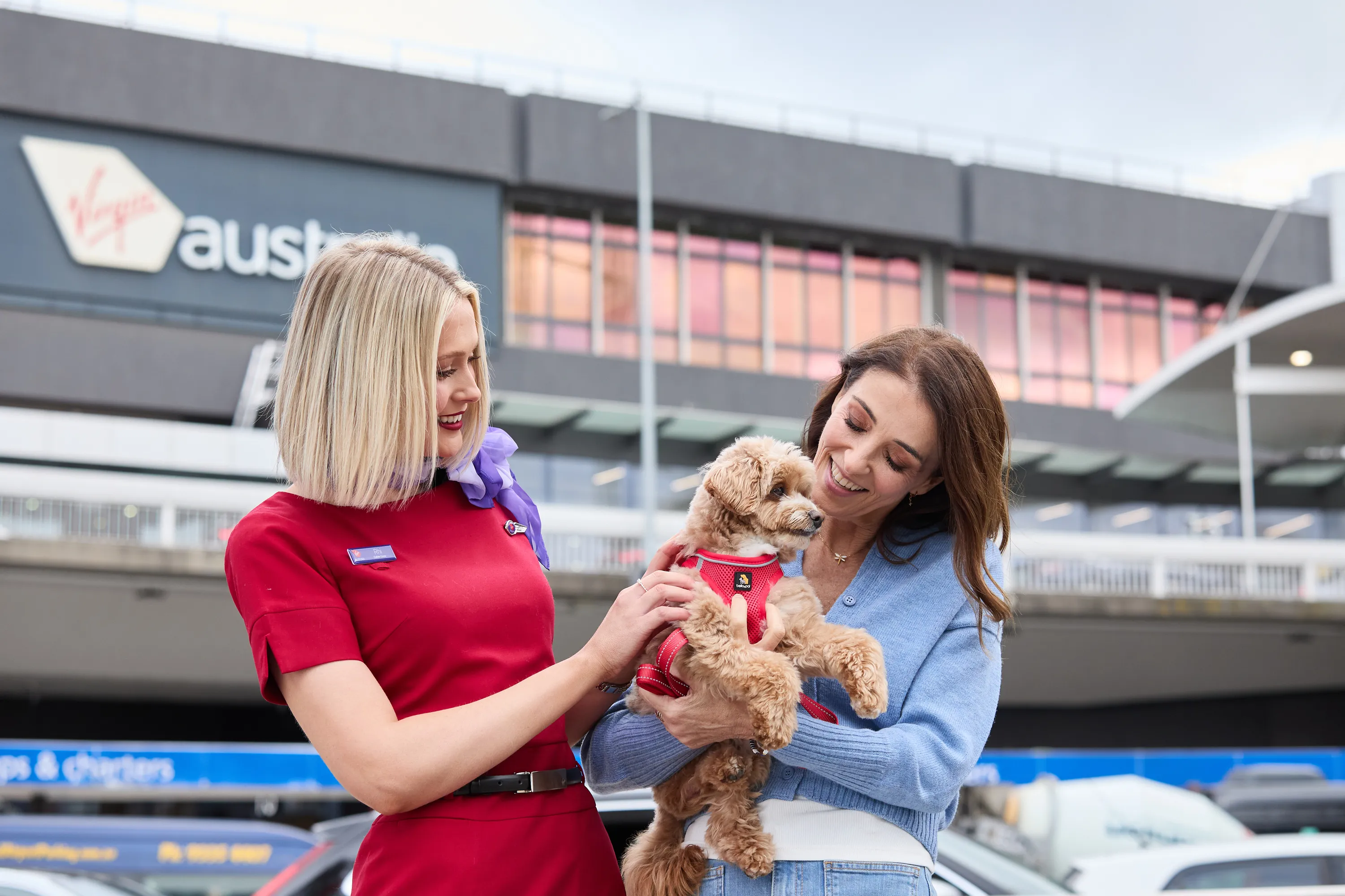 Pet owner and flight attendant with dog