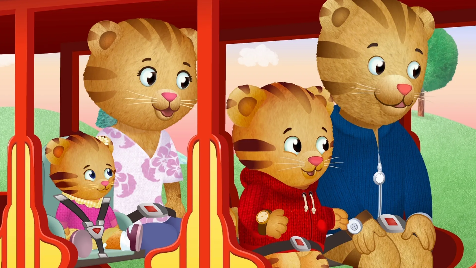 A cartoon tiger family sitting in a cart together