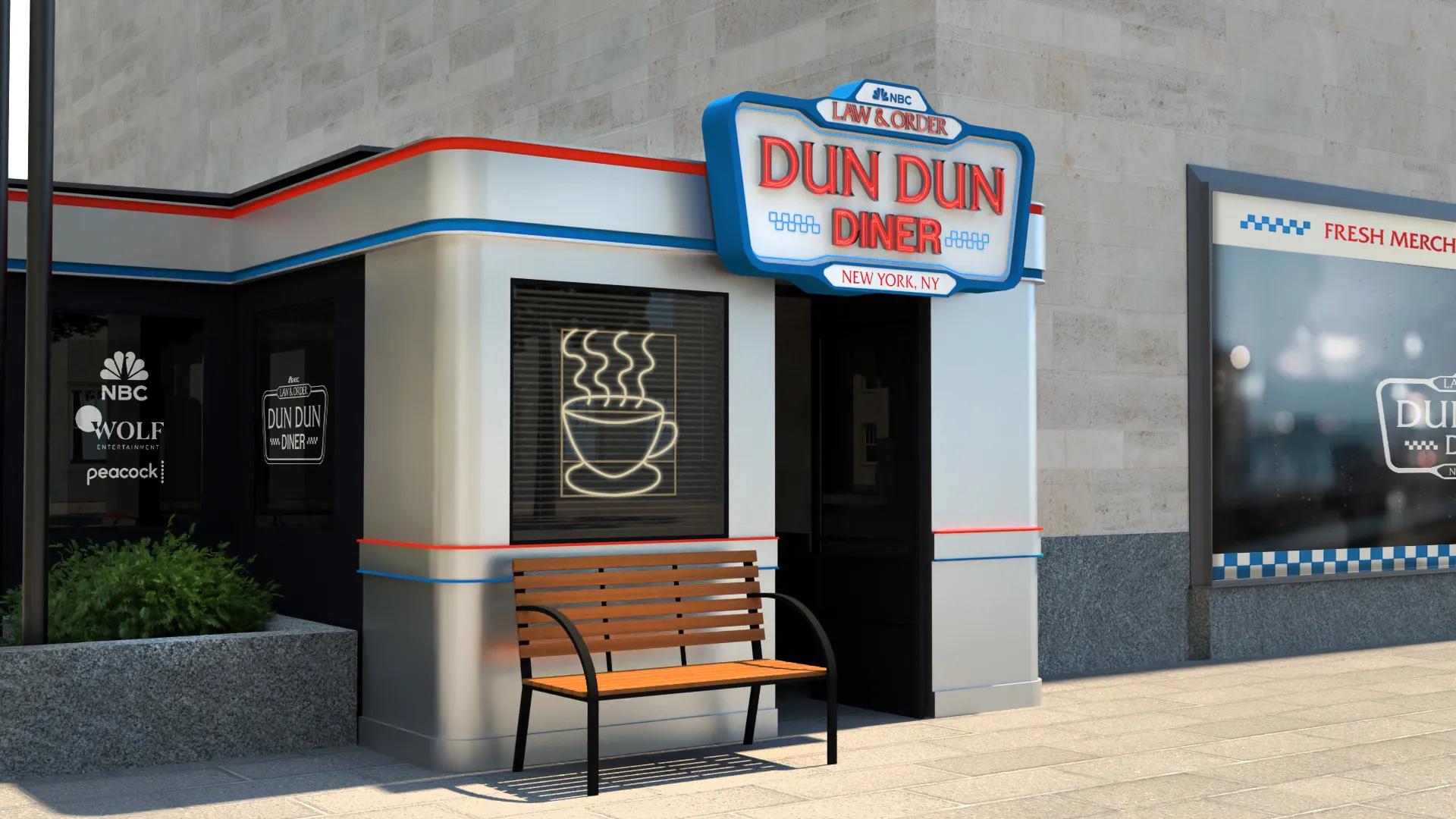 An interior of Dun Dun Diner with images of Law & Order posters