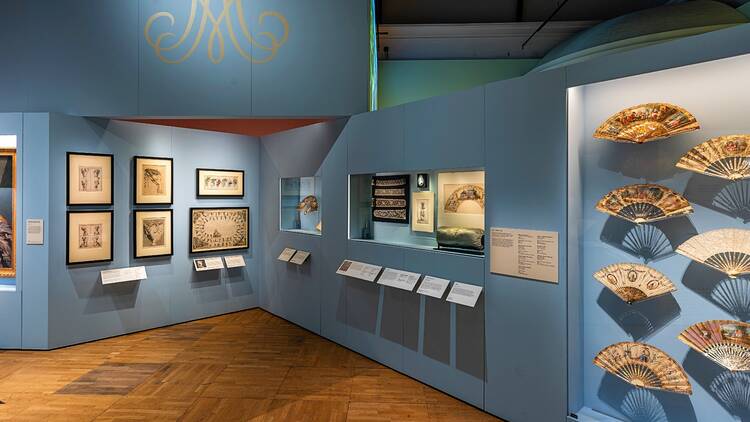 A display of ornate fans and other decorative accessories in ‘Marie Antoinette Style’ at the V&A