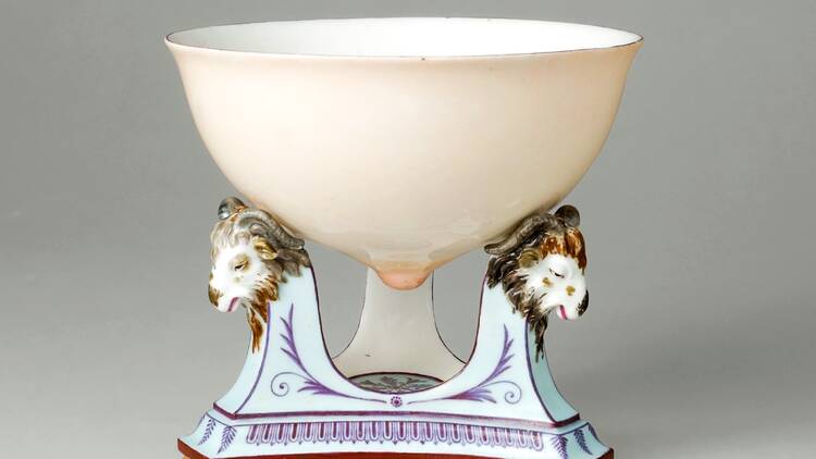 Close up view of the porcelain ‘breast bowl’ displayed in ‘Marie Antoinette Style’ at the V&A