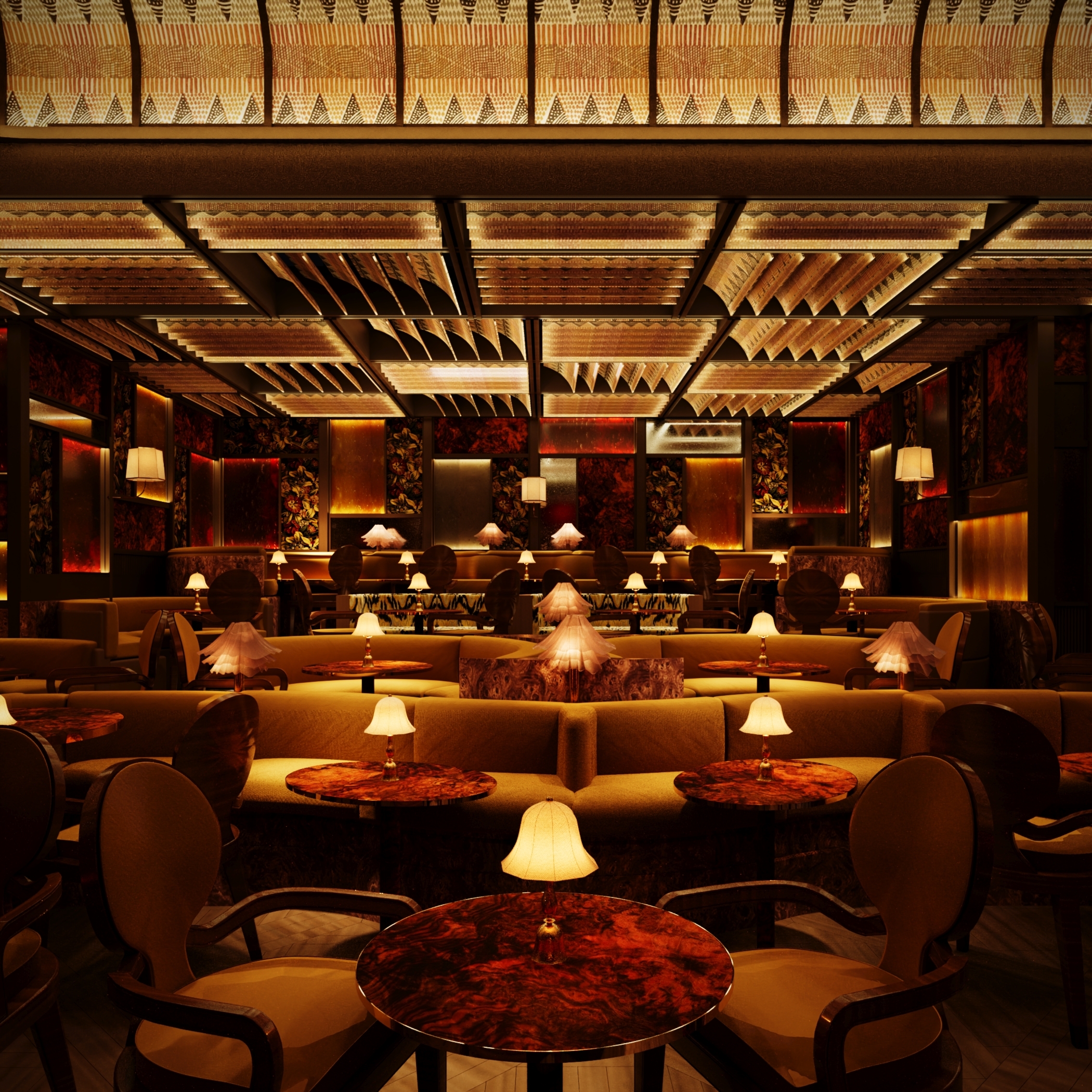 A dark red and gold audience seating area at Upstairs at Ronnie’s