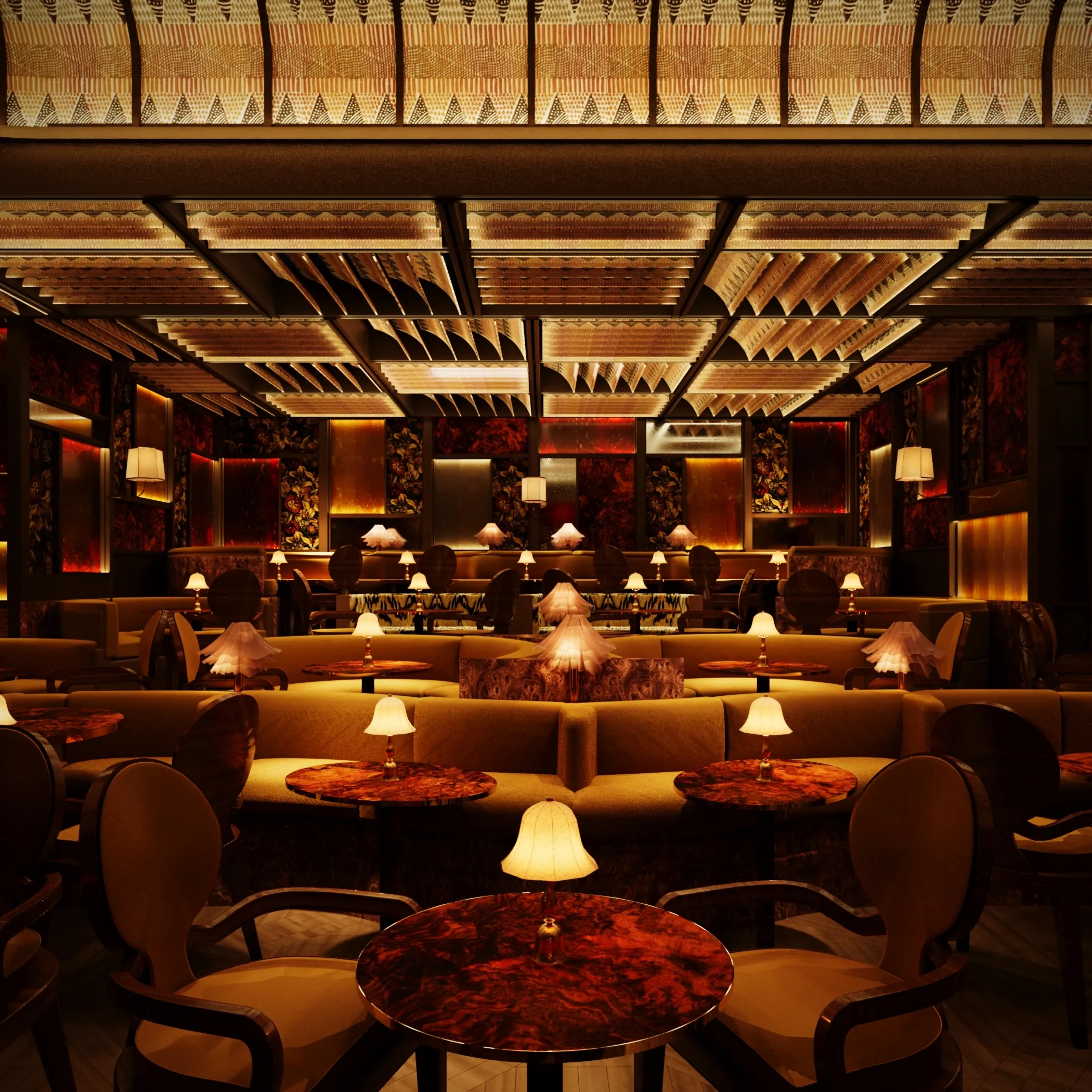 A dark red and gold audience seating area at Upstairs at Ronnie’s 