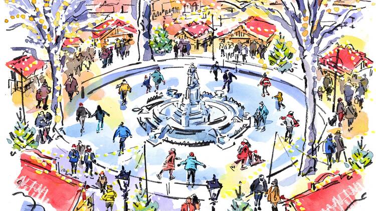 Illustration of skating rink in Leicester Square 