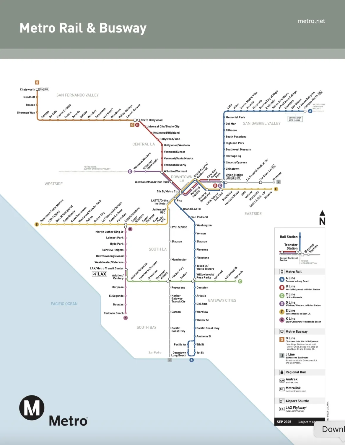 A map of the Metro routes in Los Angeles County