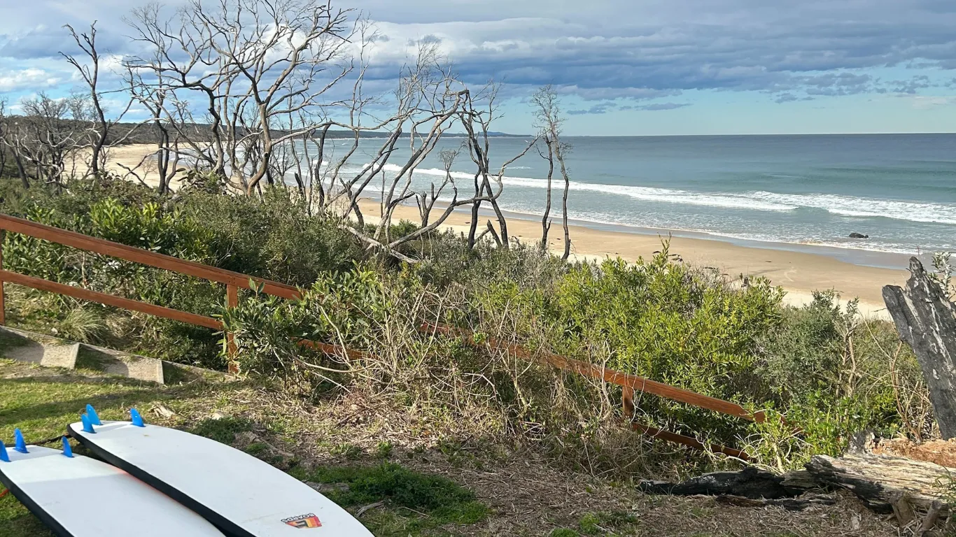 Surfboards on a grassy hill overlooking East Beach in Cape Conran.