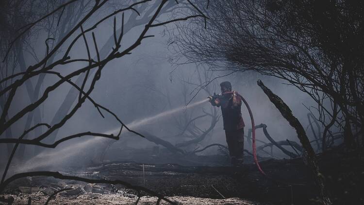 A firefighter puts out flames in Antalya region in July