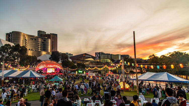 Outdoor market at sunset