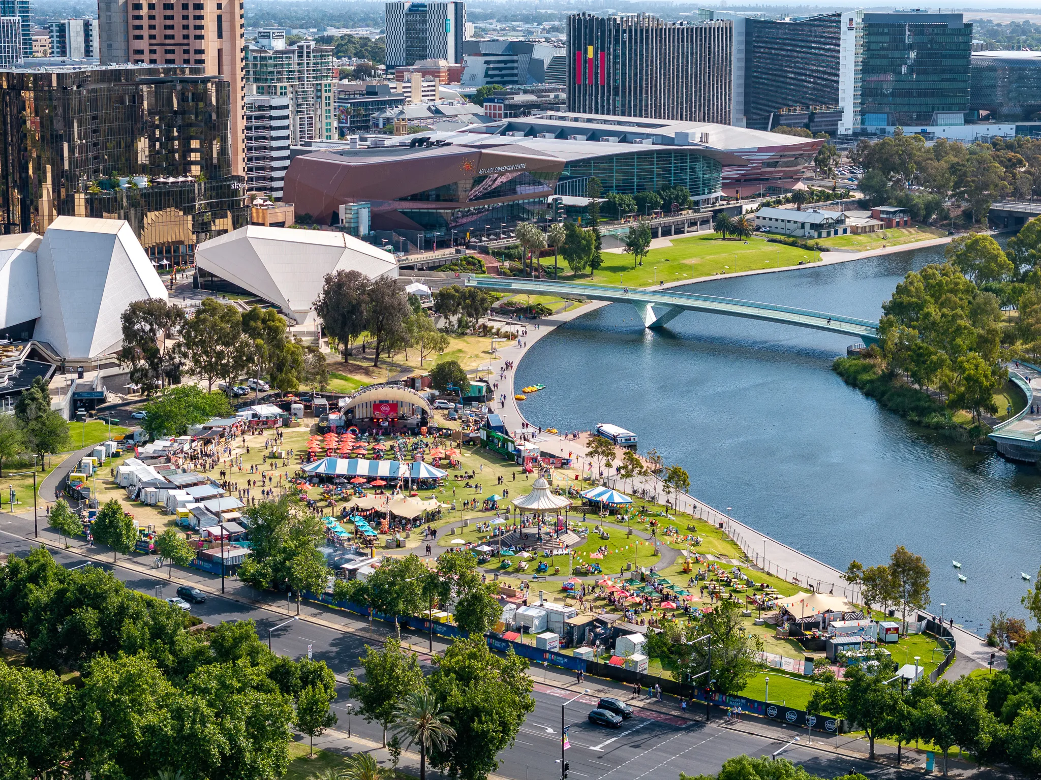 Aerial of Adelaide parkland by river