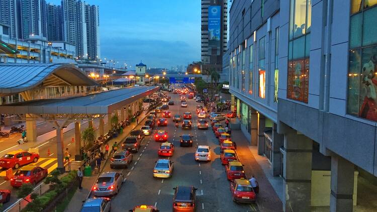 JOHOR BAHRU, MALAYSIA-AUGUST 25 2017:The CIQ building of Johor views from adjacent building with cars congestion on the road