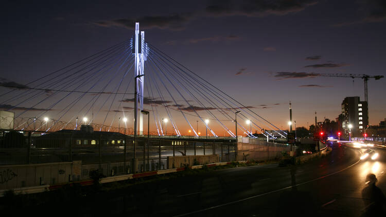 Nelson Mandela Bridge at night lit up courtesy of Jozi My Jozi