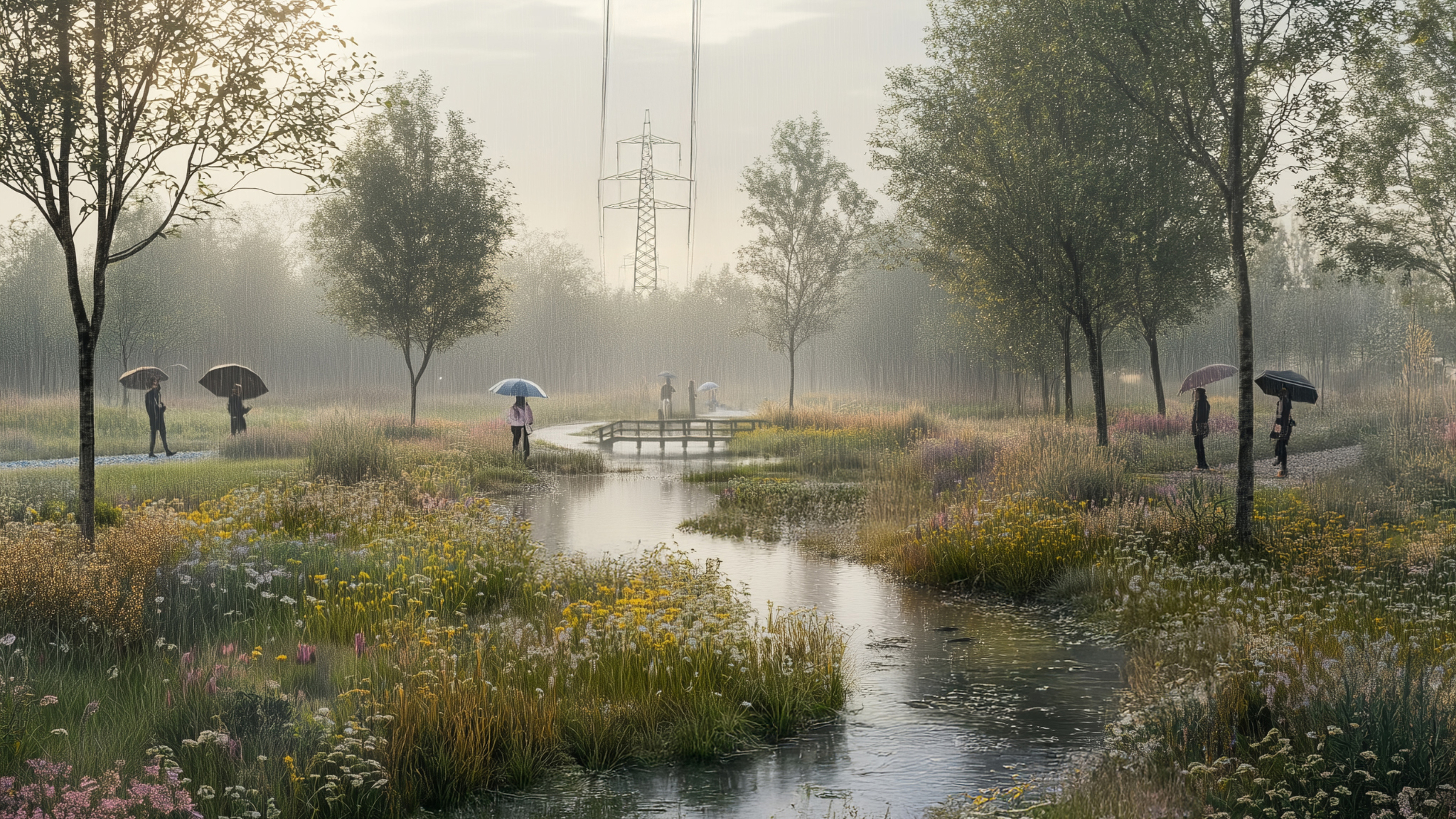 People standing with umbrellas near a canal at Lee Valley Leisure Complex.