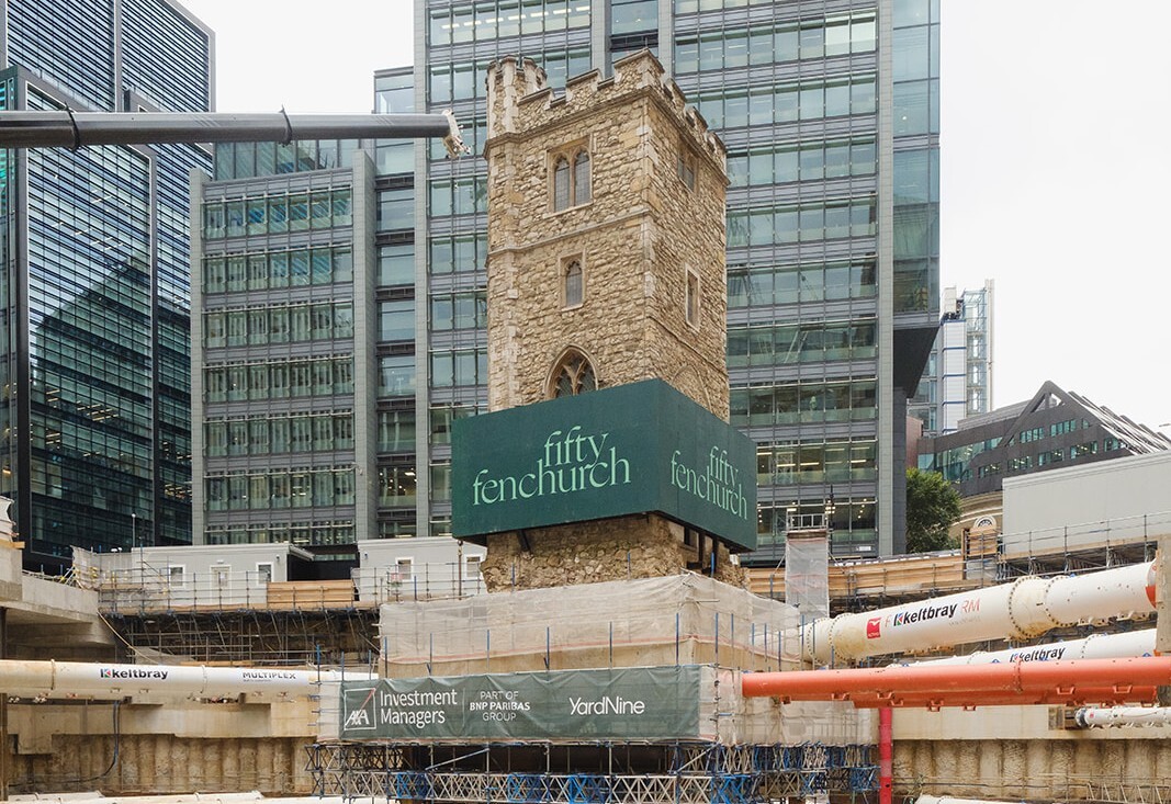 Why is a 700-year-old London church currently suspended 45 feet above the ground?