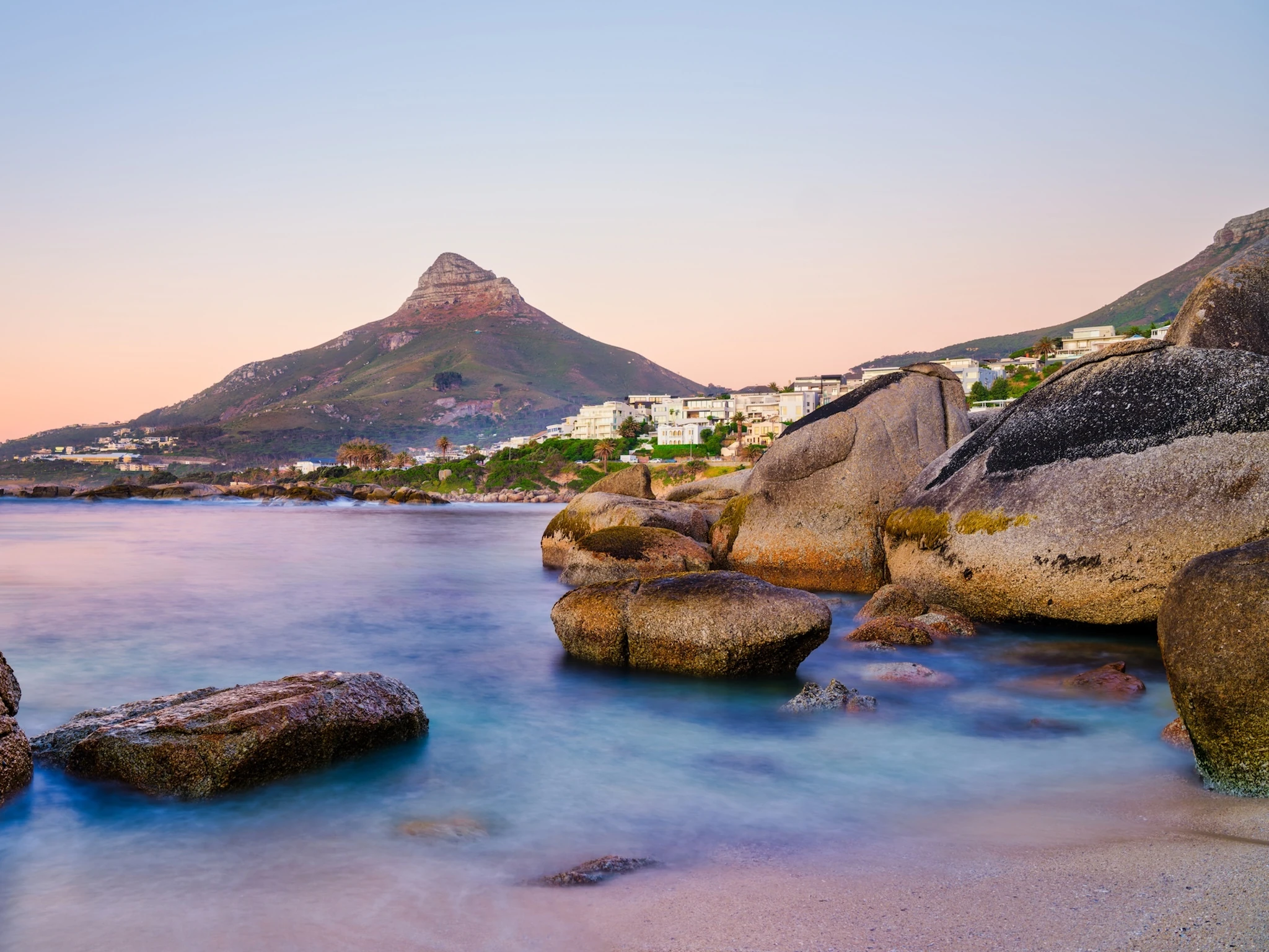 Lion's Head and Camps Bay during sunset from Beta Beach, Cape Town, South Africa