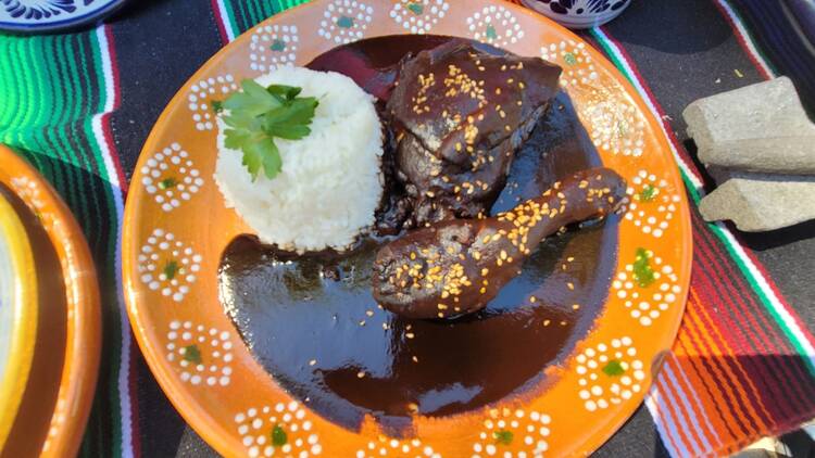 A plate of chicken mole.