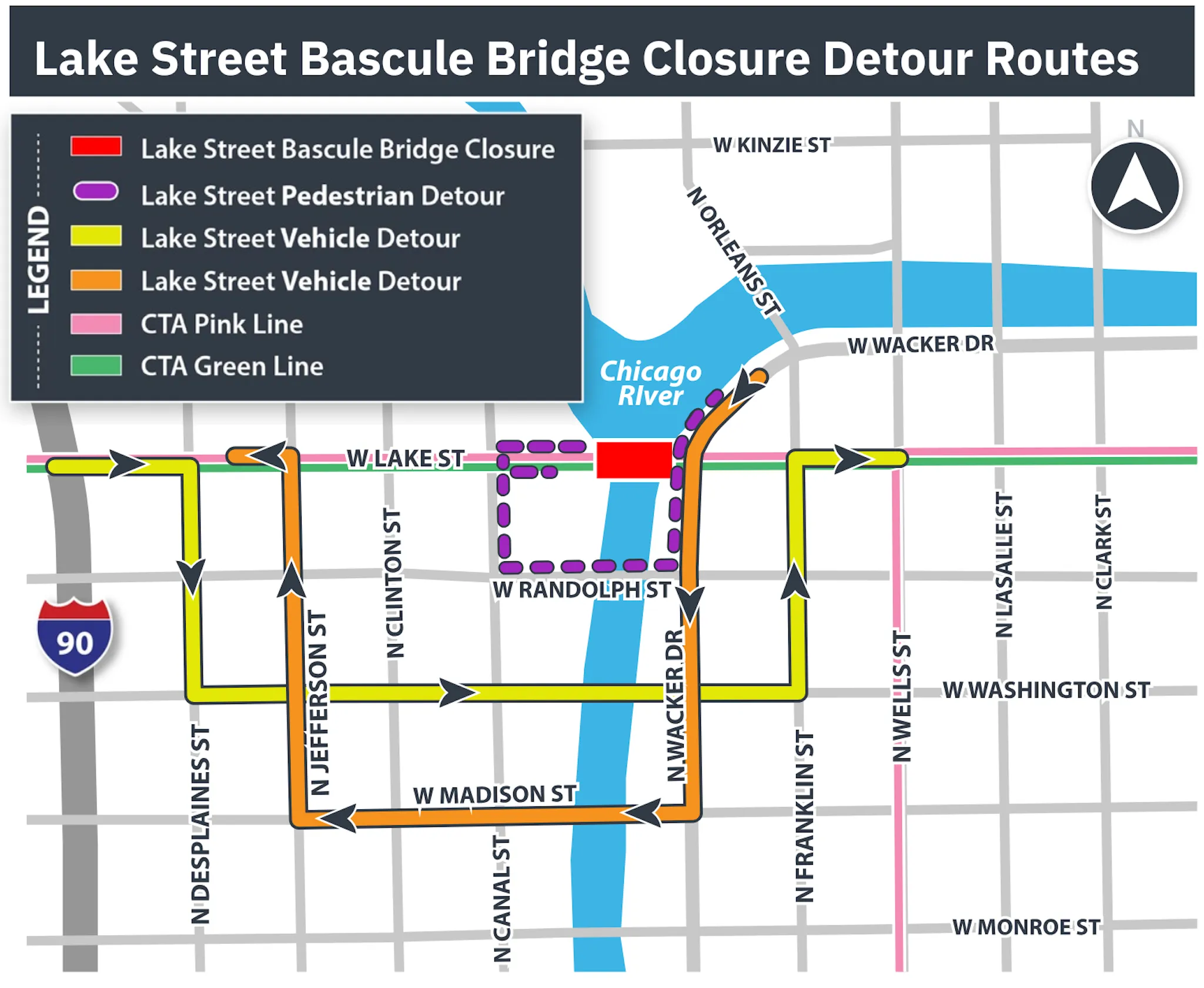 A diagram of Lake Street Bascule Bridge closure detour routes.