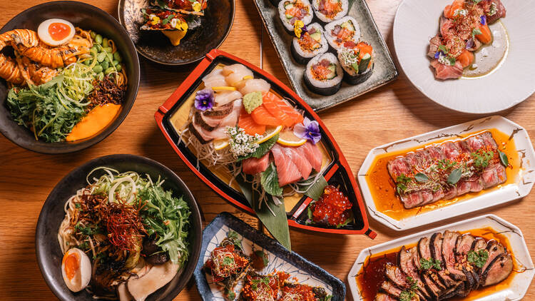 Flat lay of Japanese food from Iki