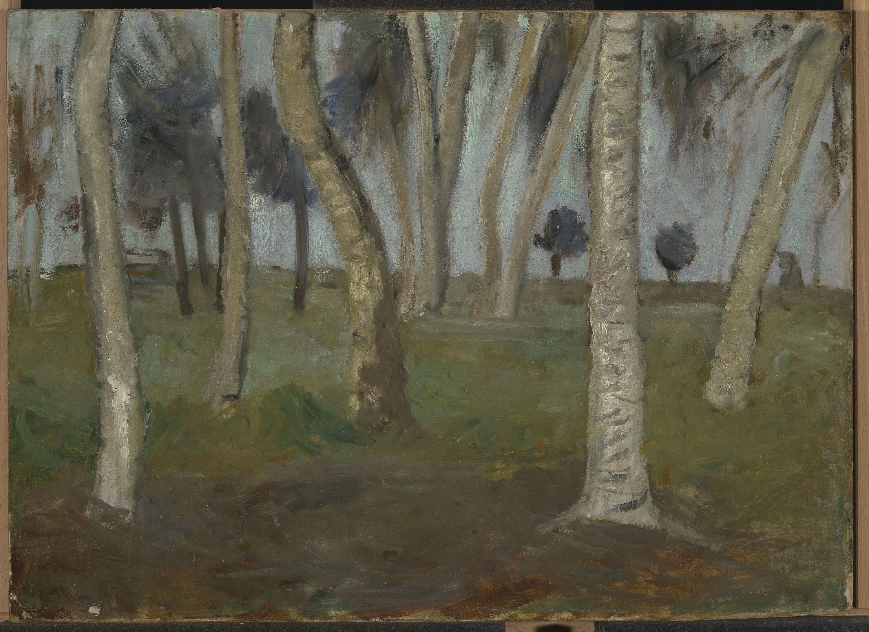 Paula Modersohn-Becker. Paisaje de humedal con troncos de abedul (Wetland landscape with birch trunks), c. 1900. &Oacute;leo sobre cart&oacute;n sobre madera. Museo de la Fantas&iacute;a Buchheim en Bernried am Starnberger