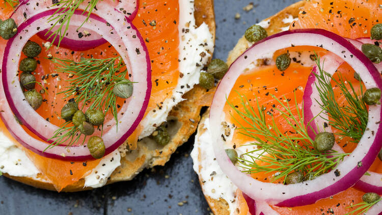 Lox on an open-faced bagel sandwich