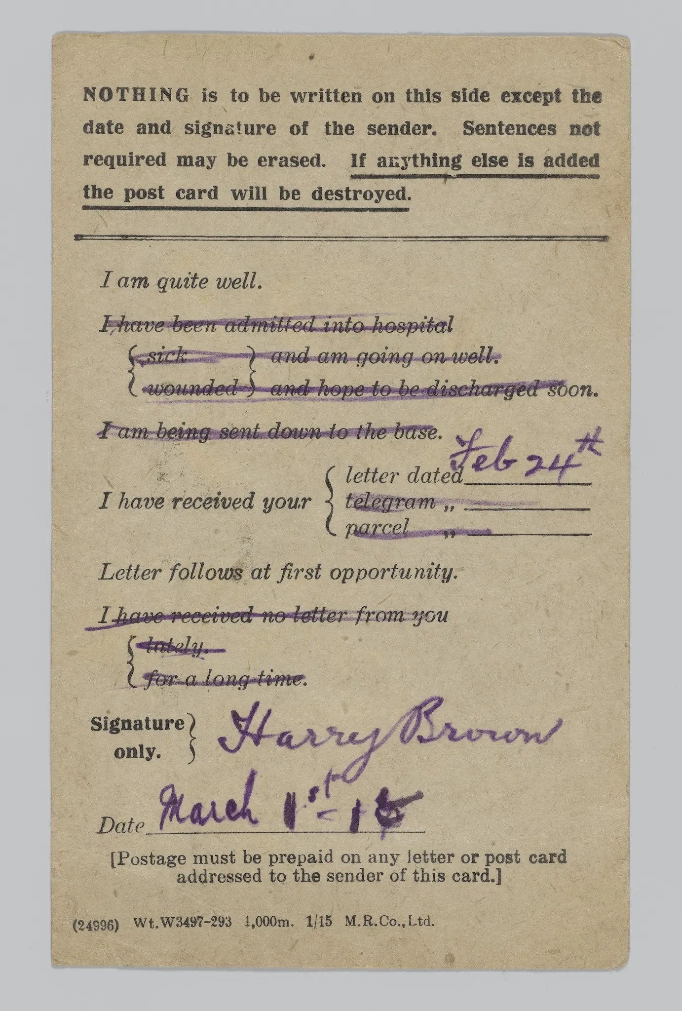 Postcard reciept from the Red Cross to Harry Brown's mother after she requested information about him, dated 30/07/1917.