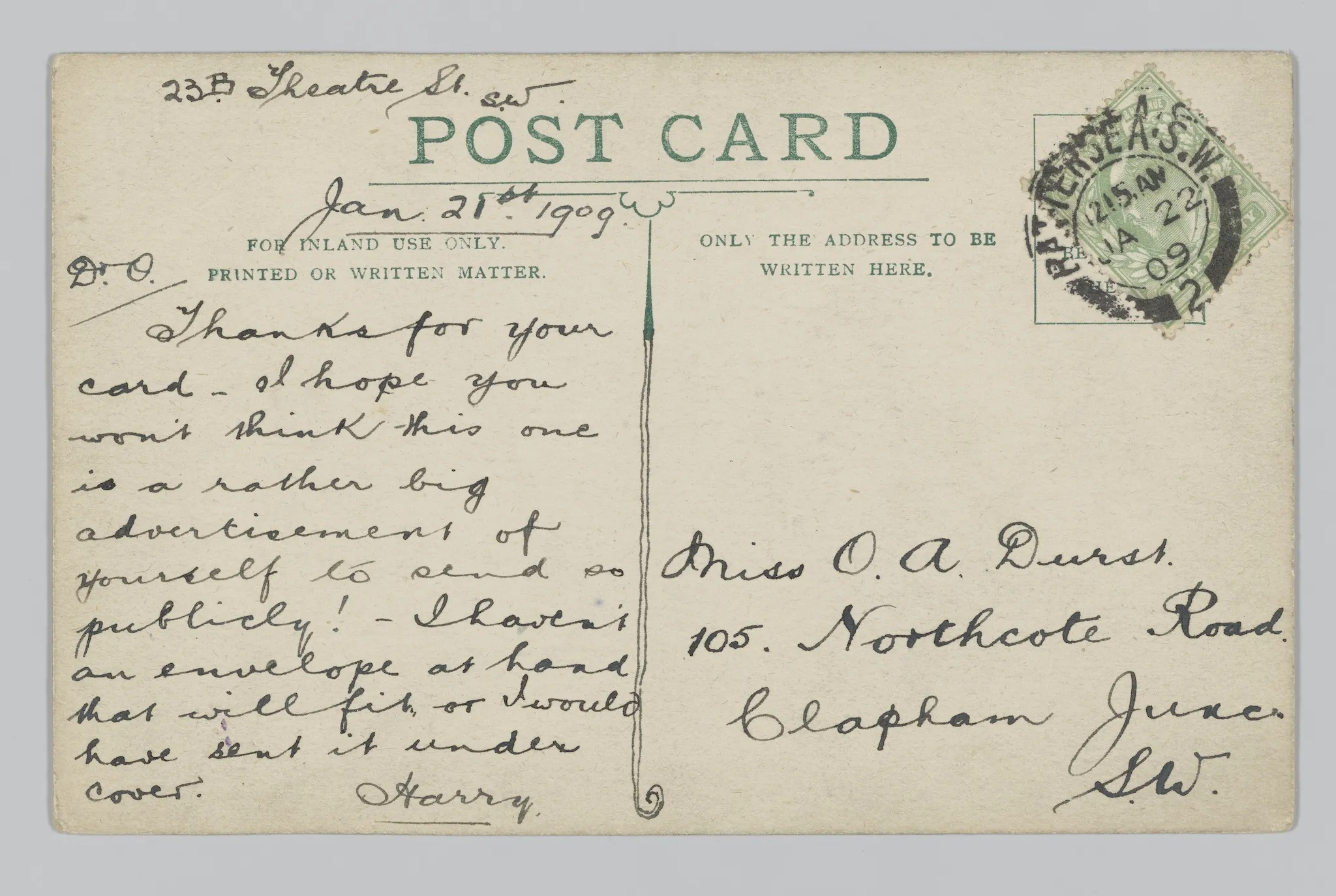 A postcard from Harry to his girlfriend Olive from 1909