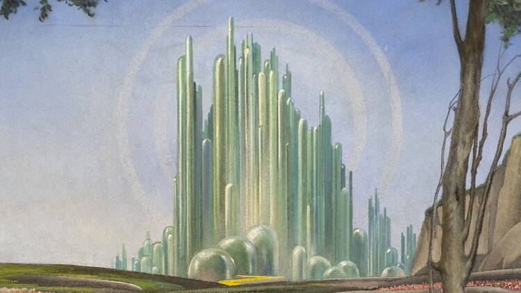 A watercolor painting of the Emerald City.