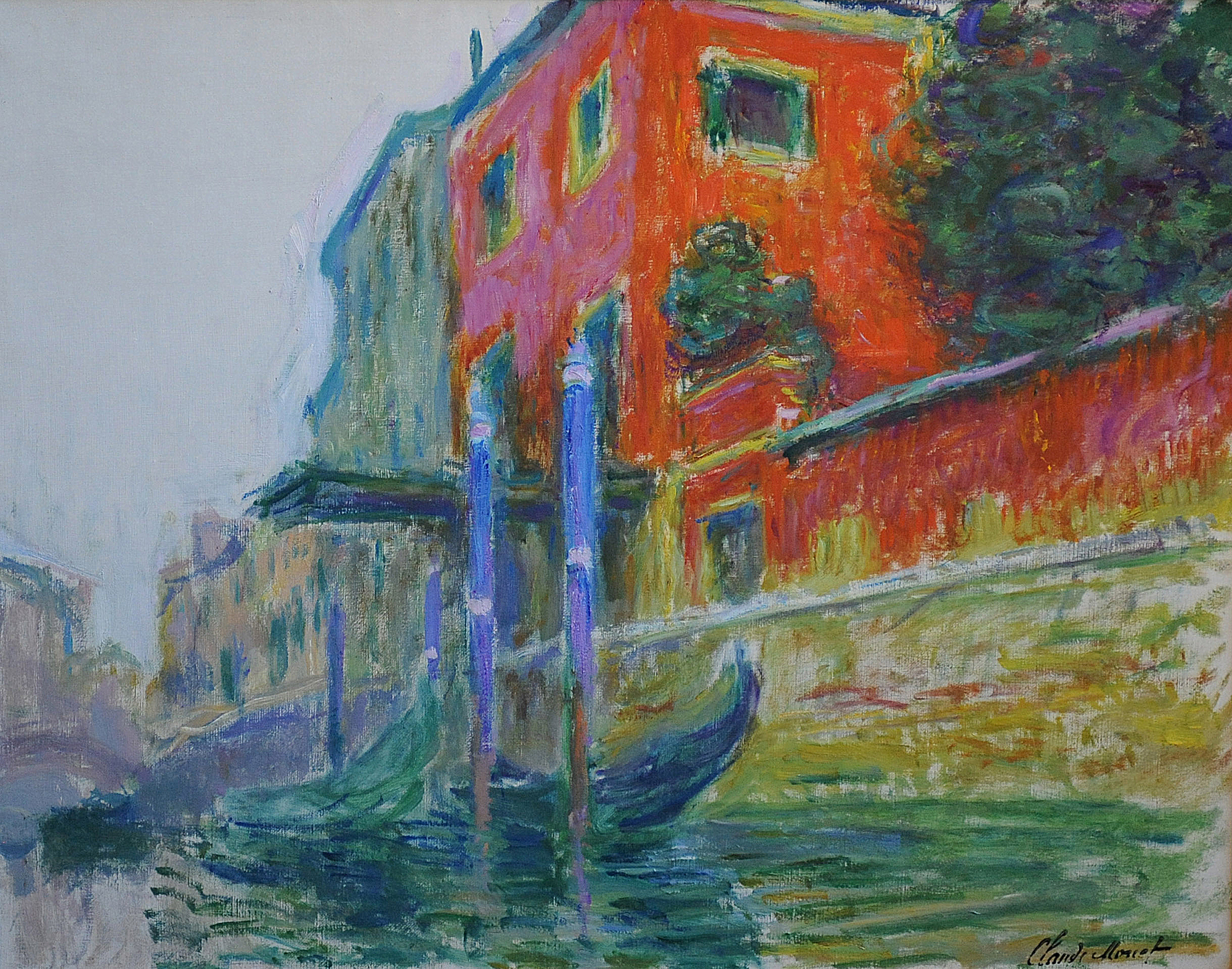a monet painting of Venice--a boat in water in front of a red building