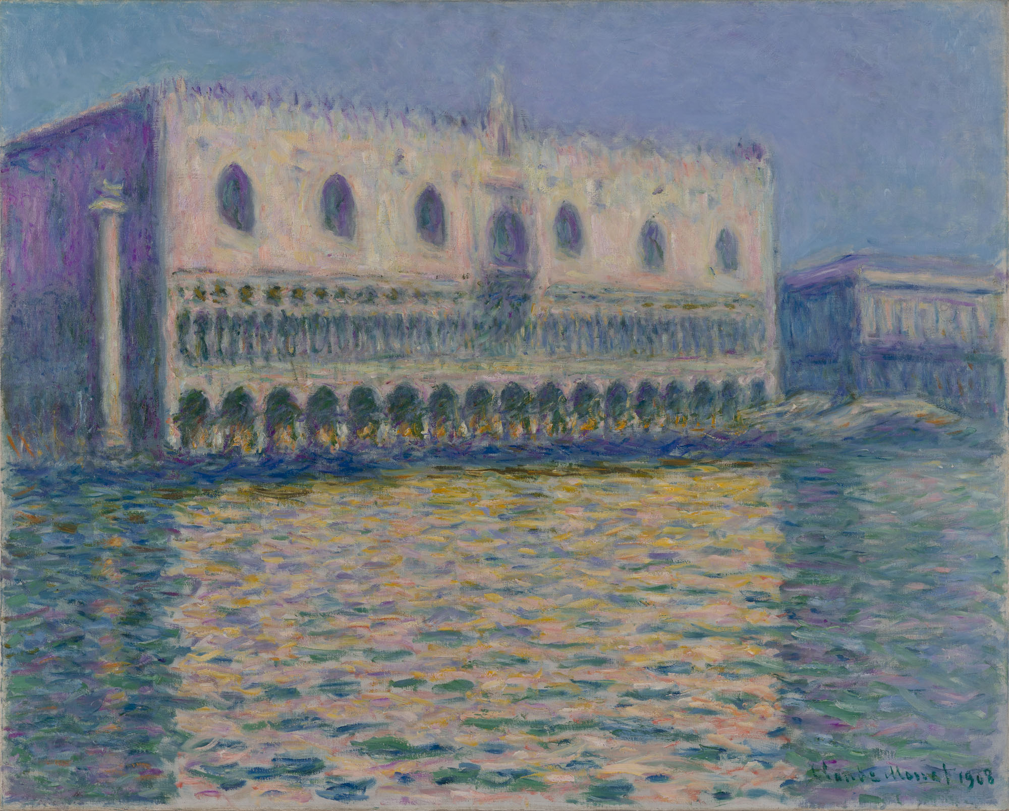 A monet painting of Venice--large italian style building on the water
