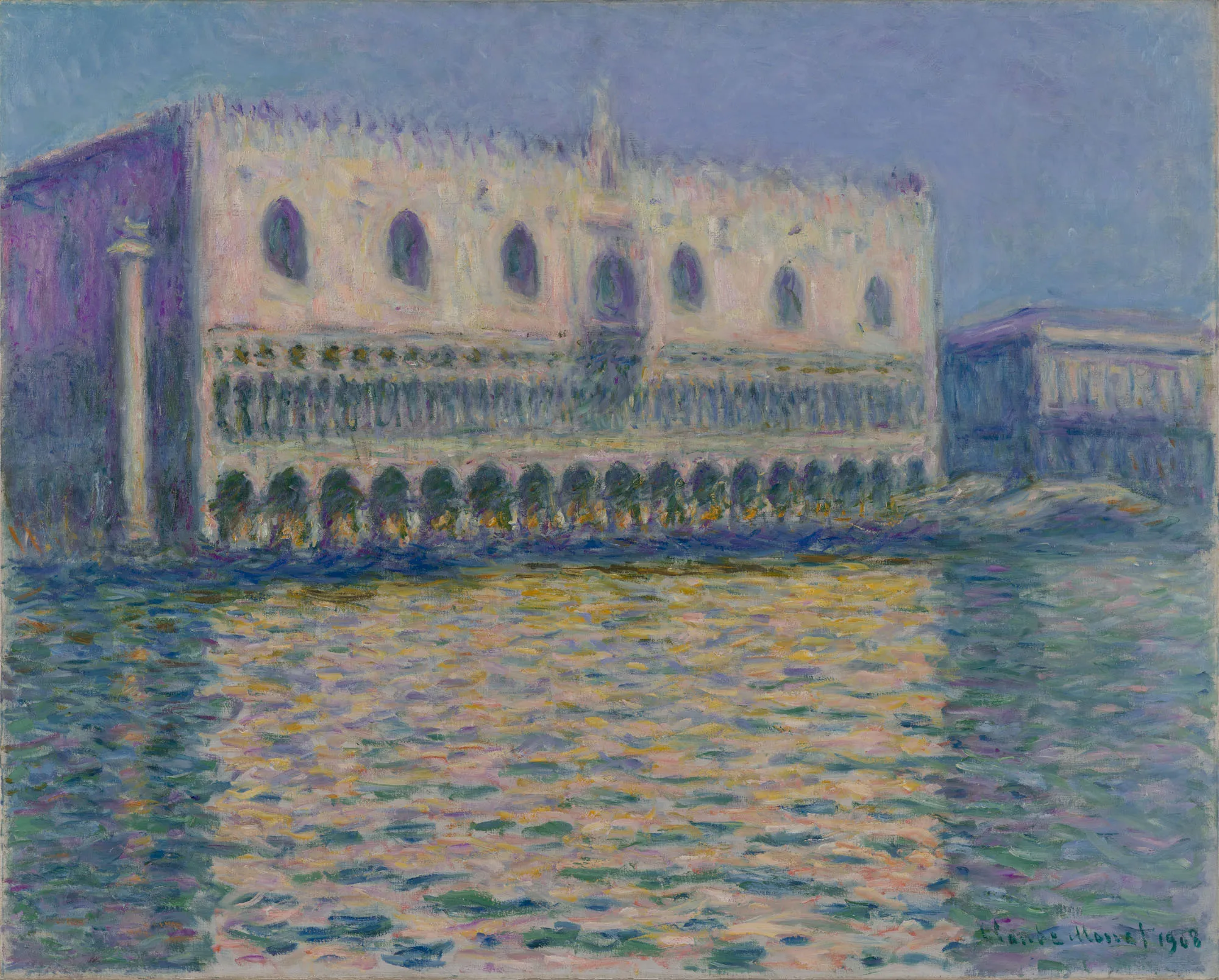 A monet painting of Venice--large italian style building on the water