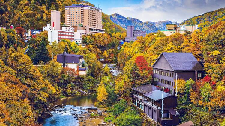 Jozankei, Japan hot spring resort town during the autumn season.