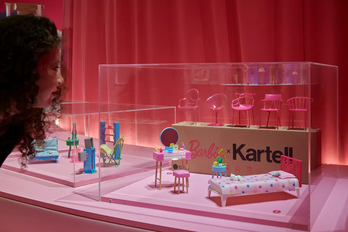 A picture of Barbie accessories at the Barbie exhibition in the Design Museum