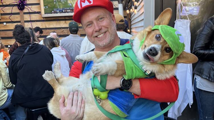 A dog and its owner pose in costumes at Cody's Public House A dog and its owner pose in costumes at Cody's Public House