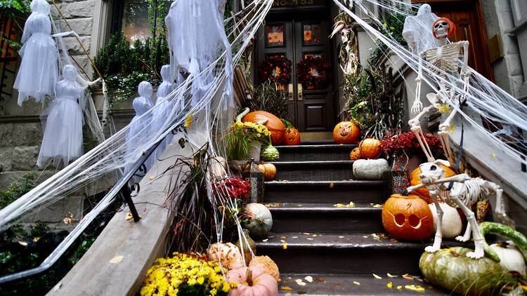 A Halloween-decorated stoop in NYC