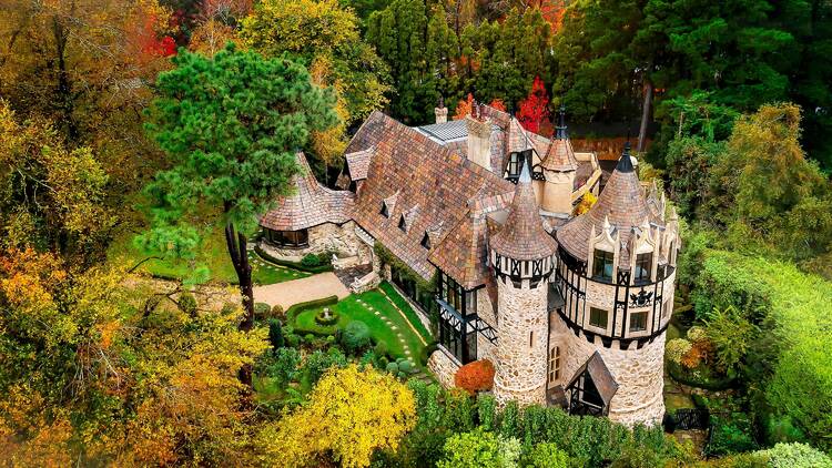 Aerial of castle in autumn 