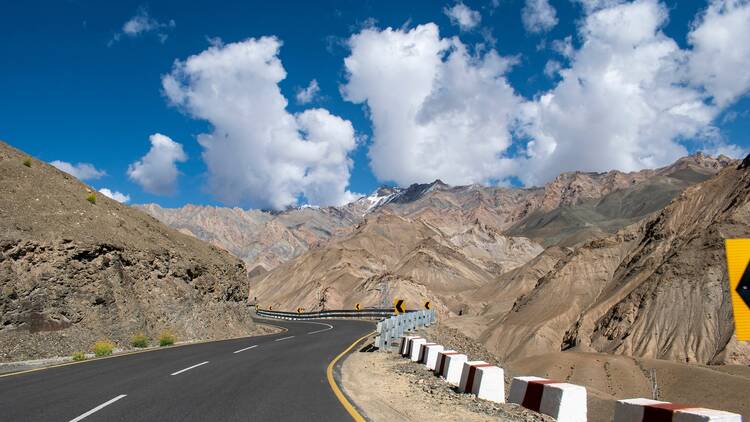 Landscape road view on the way car road trip in ladakh road, leh ladakh, jammu and kamir , india