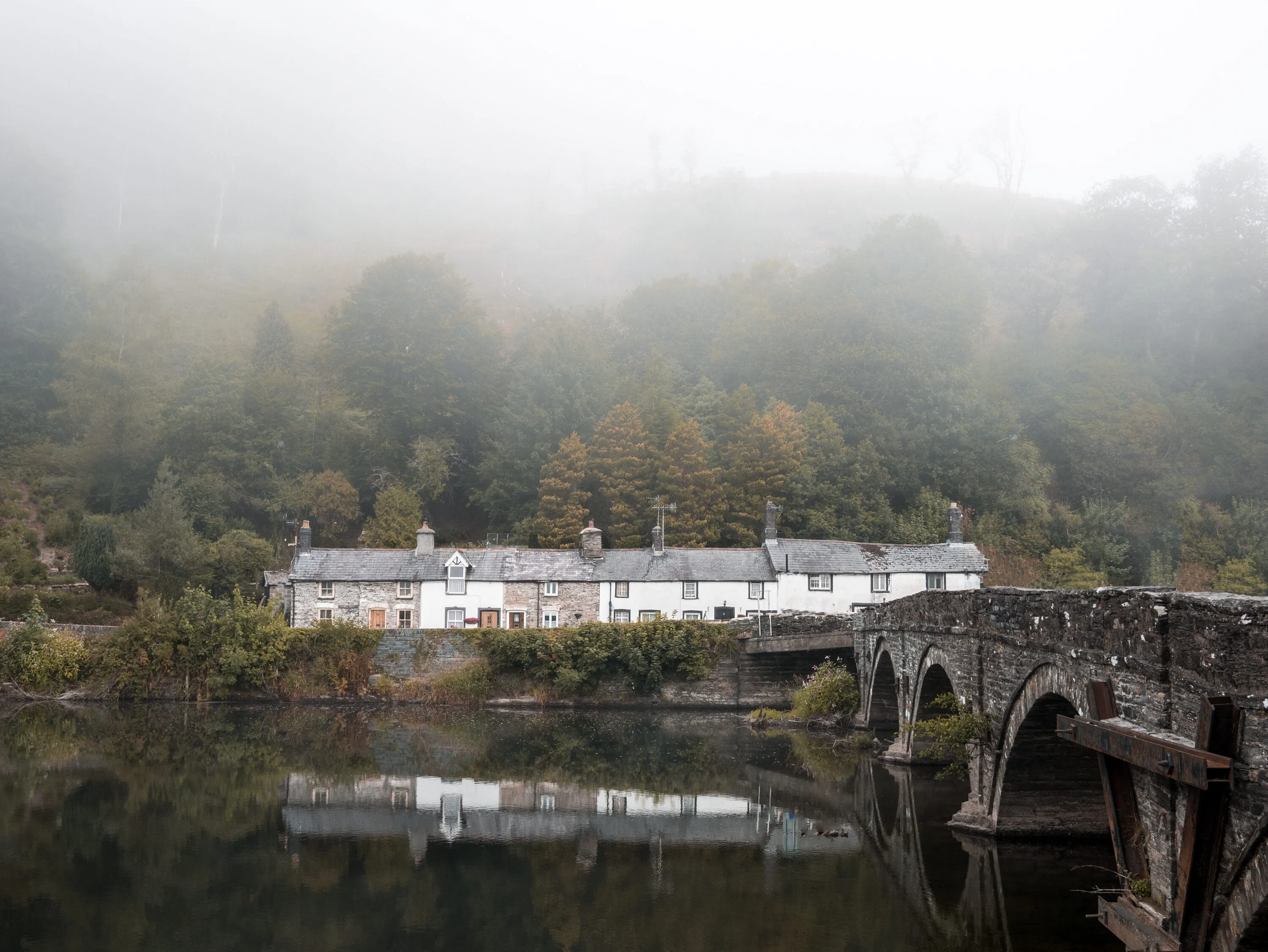 stunning scene near Machynlleth Bridge in Wales on a foggy day